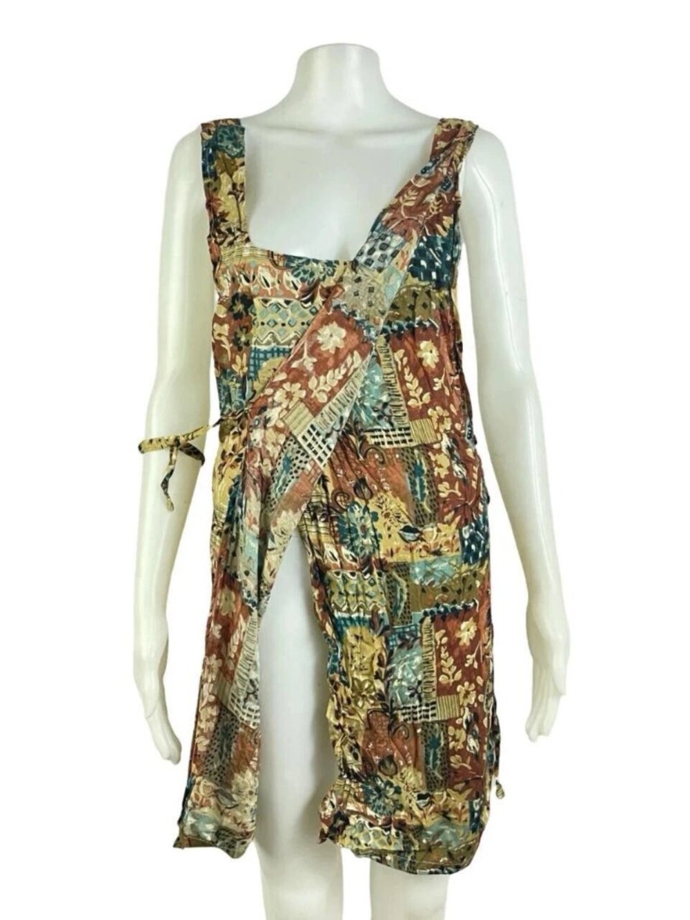 Vintage Floral Apron Dress Women's Size Medium 1980s Mini Dress